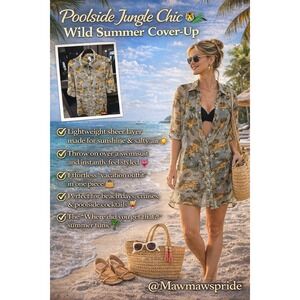 POOLSIDE JUNGLE CHIC LIVE 4 TRUTH Womens Button Up Shirt Tiger Tropical Small
